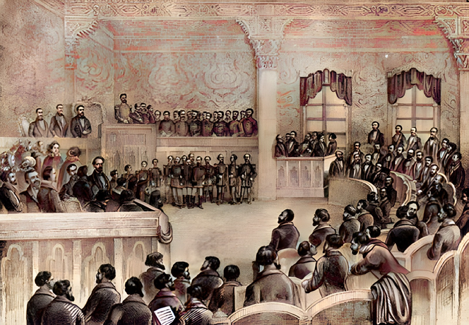 Sedinta Parlamentului din 13 decembrie 1863, in care s-a decis secularizarea averilor Bisericii. Litografie prelucrata si colorizata cu AI