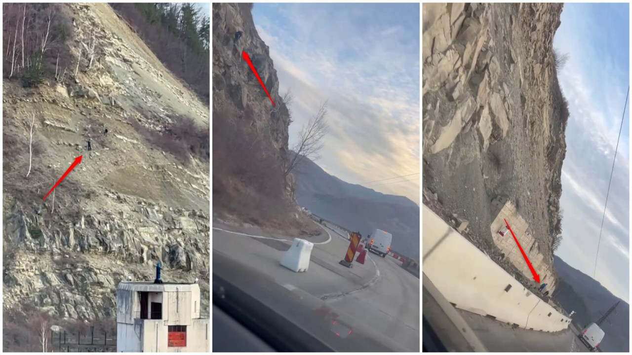 Pericol pe DN10 Localnici din Siriu surprinsi desprinzand bolovani de pe versant si punand in pericol traficul. Video