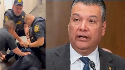 Un senator democrat american trantit la pamant si incatusat de agenti de securitate la conferinta de presa a secretarului pentru securitate interna Kristi Noem