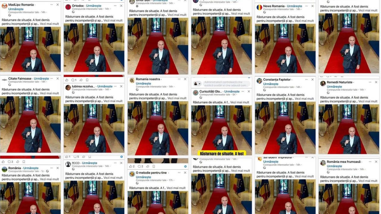Război hibrid. Aceeași postare anti-Bolojan distribuită pe zeci de pagini Facebook aparent fără legătură între ele. Tiparul unei caracatițe online de amplificare și dezinformare